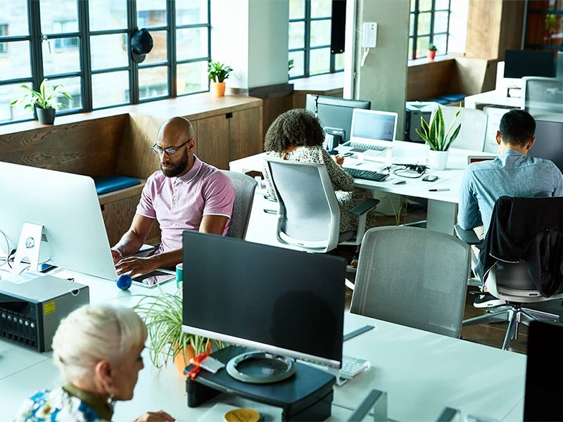 Businessmen and women using computers and concentrating, modern office environment, efficiency, productivity, corporate business