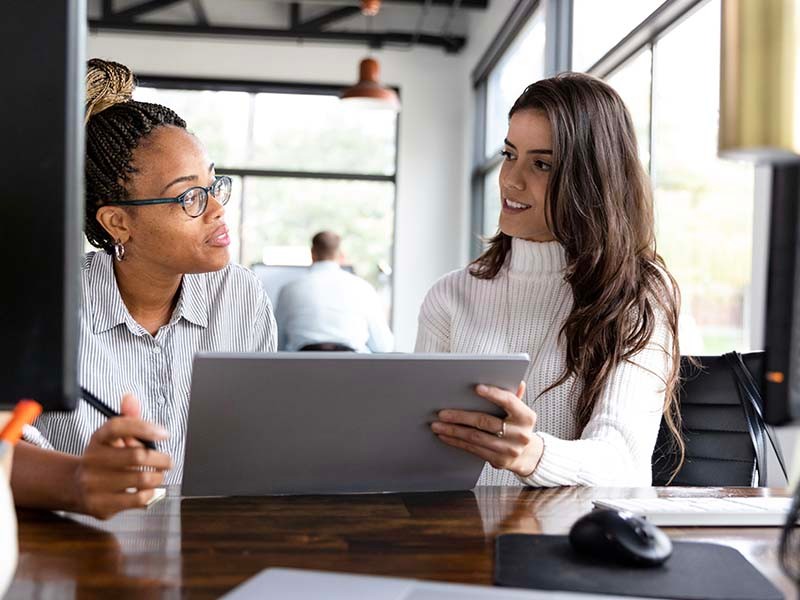 Mid adult female business partners working together